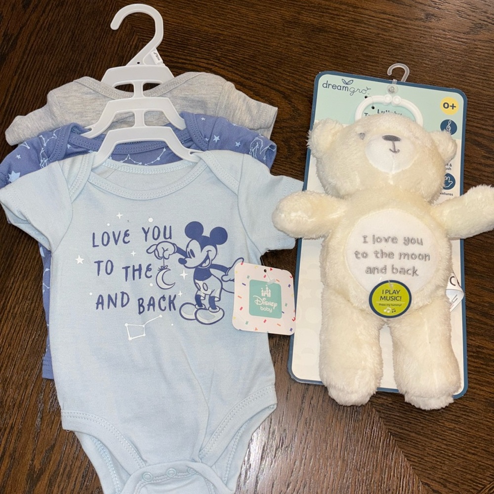 Disney baby body shirts lot 0-3 mo and lullaby travel smoother Lot - NWT